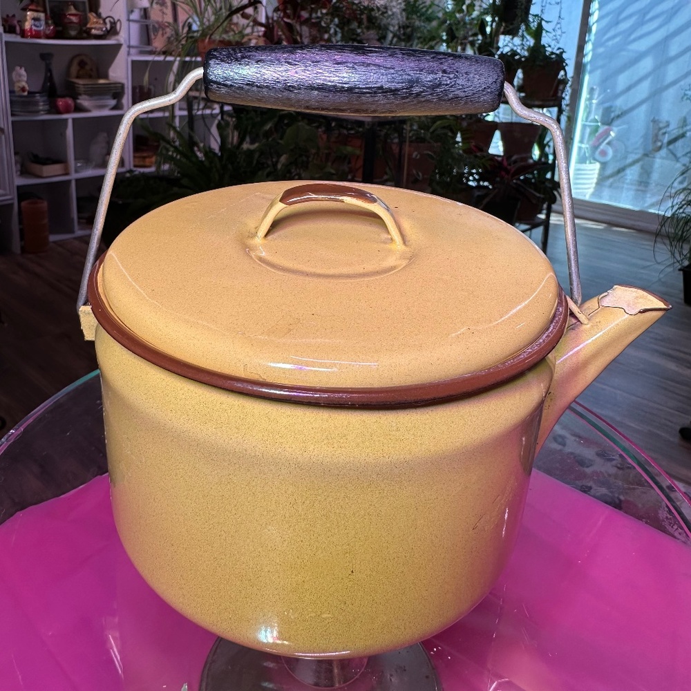 Vintage Enamelware Yellow Tea Kettle